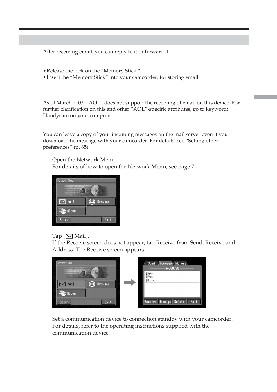 Receiving email | Sony DCR-TRV70 User Manual | Page 99 / 168