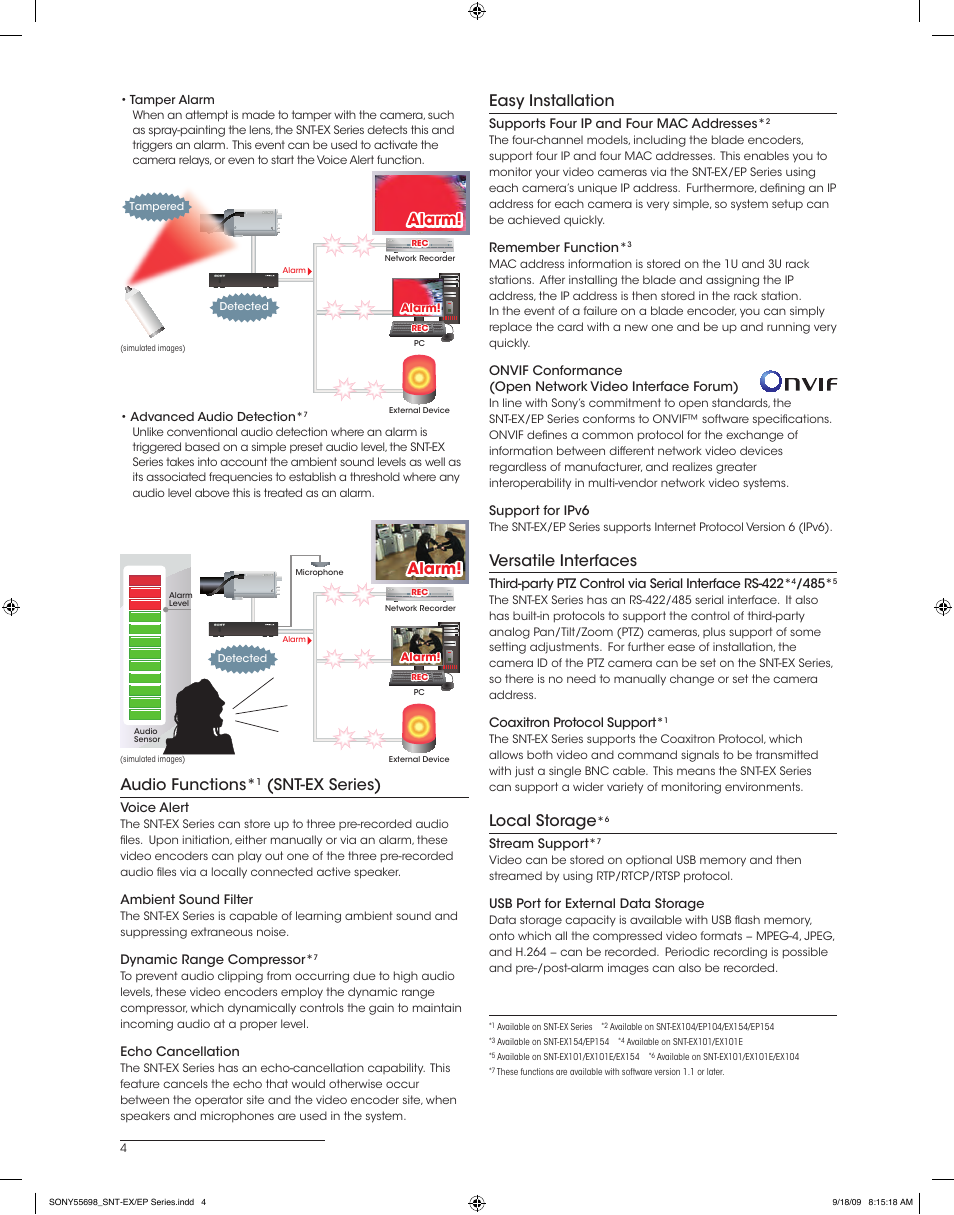 Easy installation, Versatile interfaces, Local storage | Alarm, Audio functions, Snt-ex series) | Sony A3802LENSBDL User Manual | Page 4 / 8