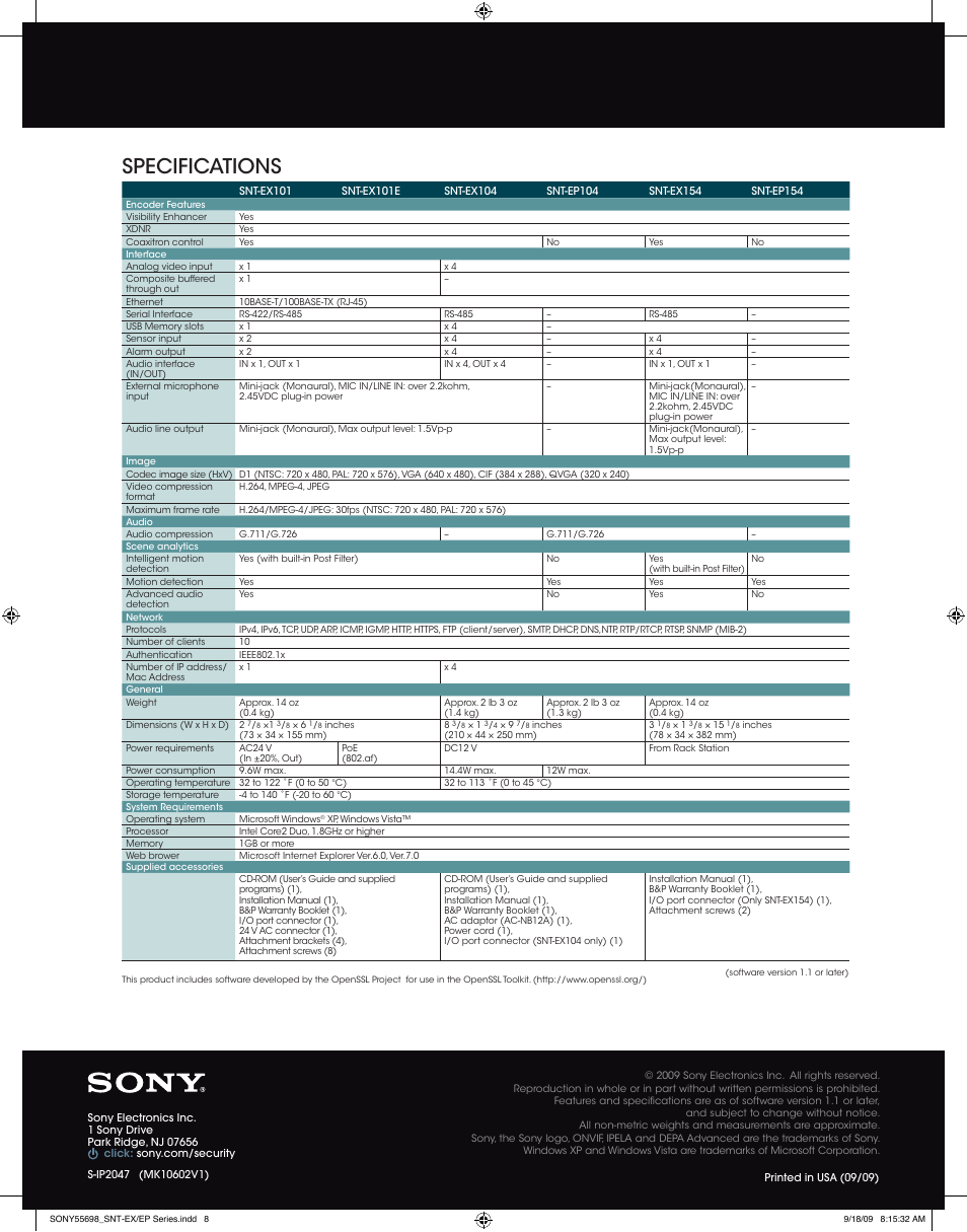 Specifications | Sony A3802LENSBDL User Manual | Page 8 / 8