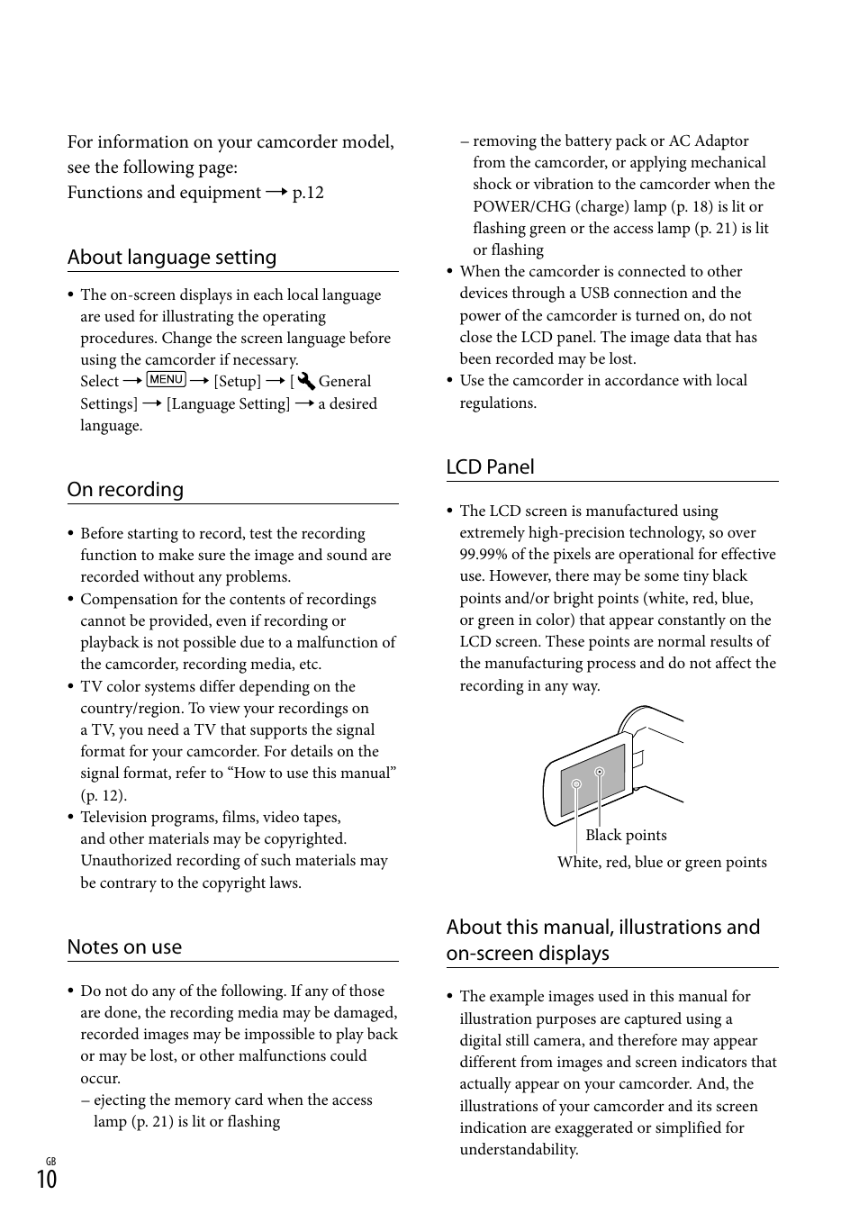 About language setting, On recording, Lcd panel | Sony HDR-CX380 User Manual | Page 10 / 52