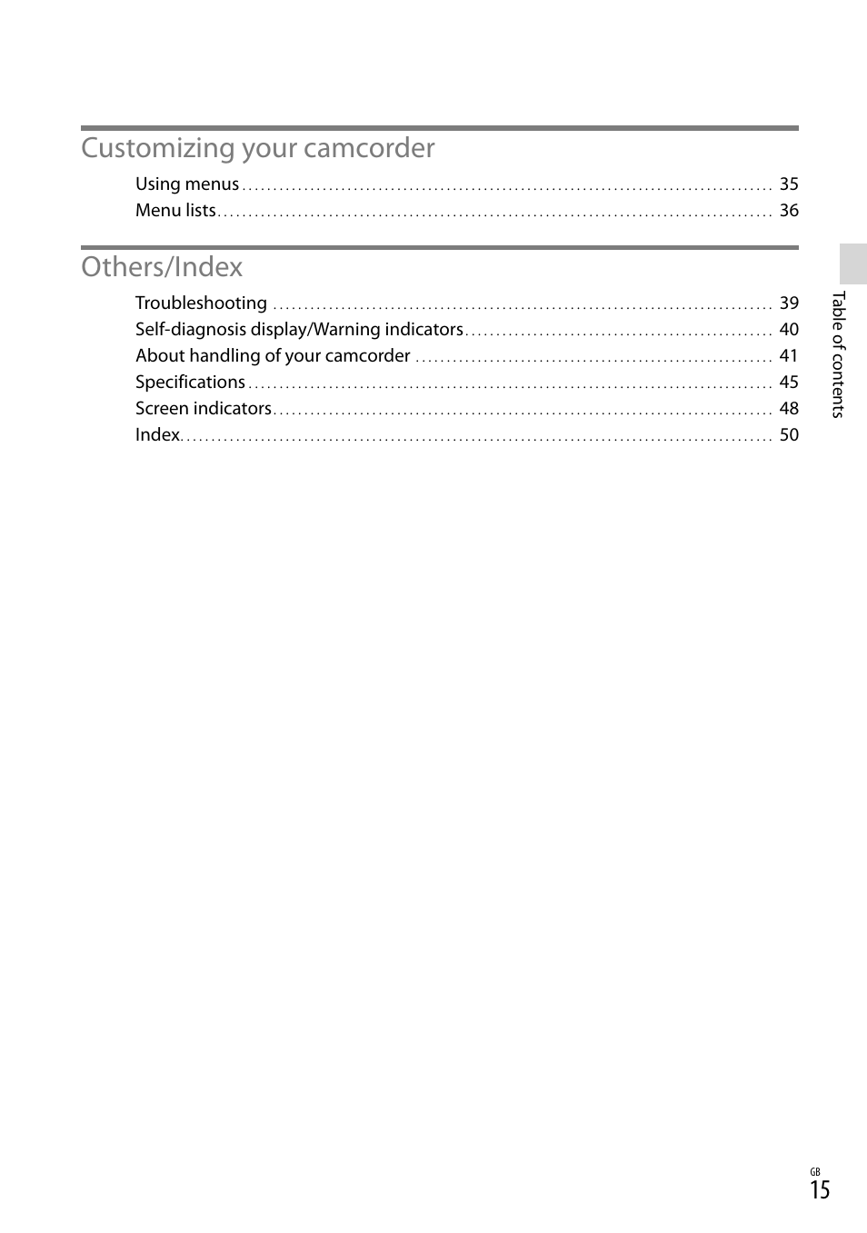 Customizing your camcorder, Others/index | Sony HDR-CX380 User Manual | Page 15 / 52