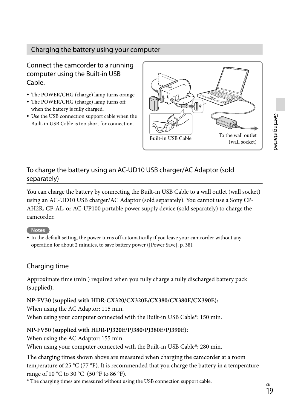 Charging the battery using your computer, Able (19), Charging time | Sony HDR-CX380 User Manual | Page 19 / 52