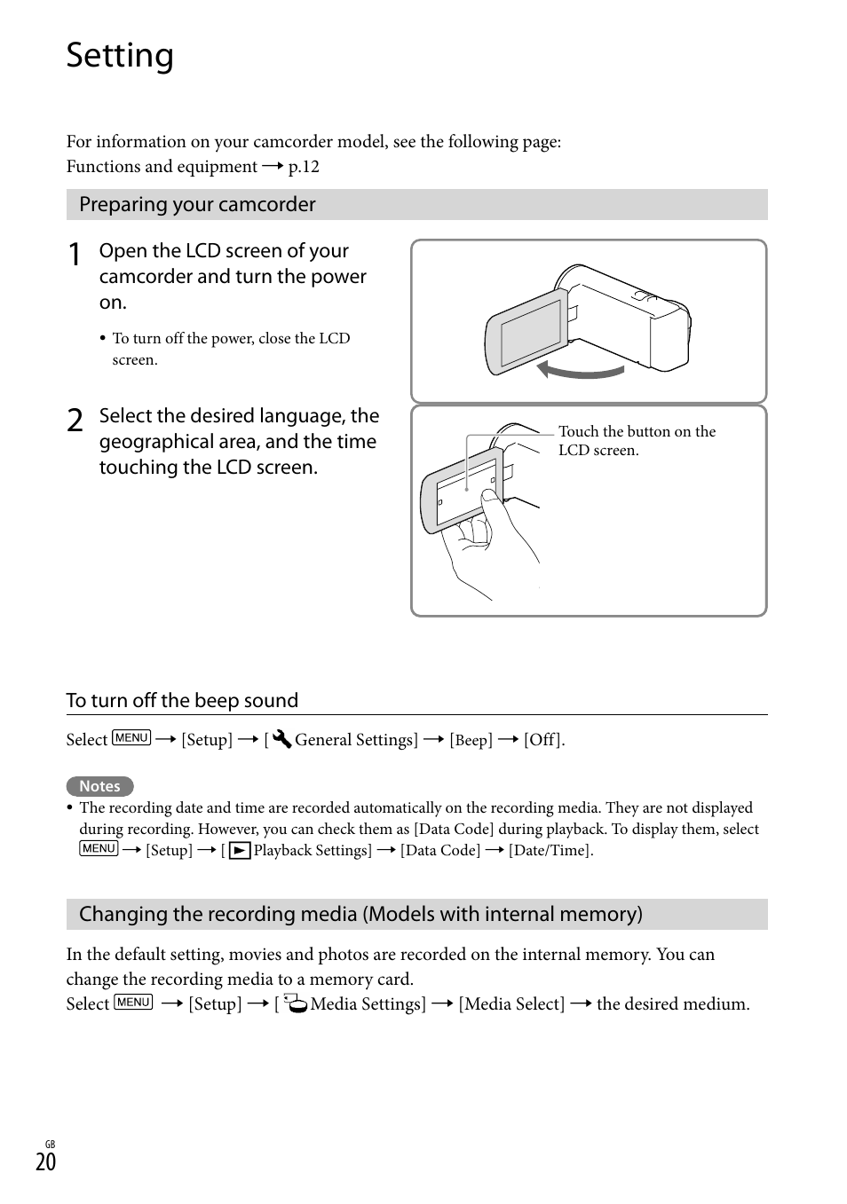 Setting, Preparing your camcorder, Ouch panel (20) | Sony HDR-CX380 User Manual | Page 20 / 52