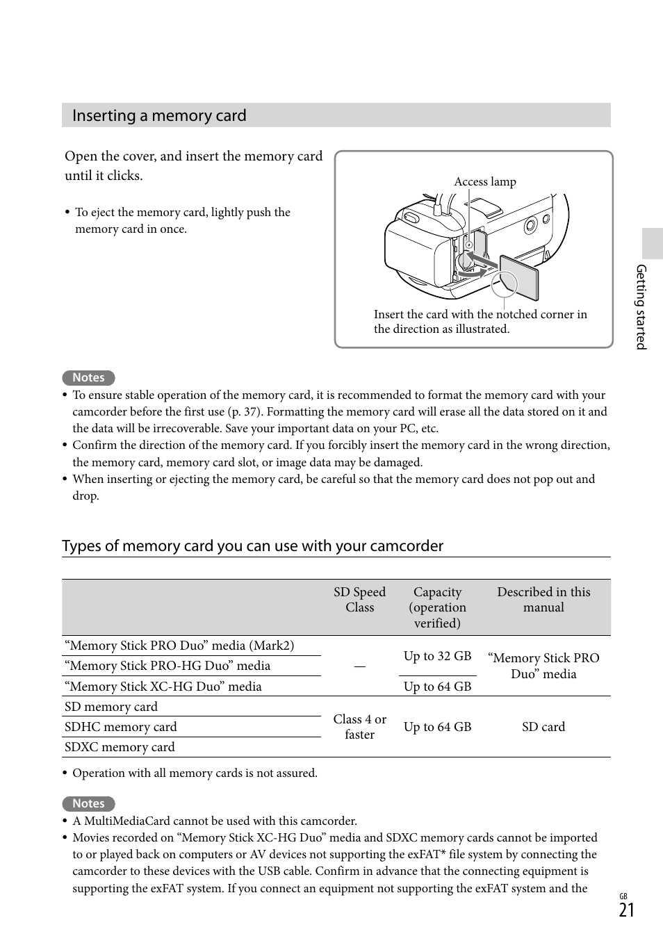 Inserting a memory card, 21) i, Ess lamp (21) | D slot (21) | Sony HDR-CX380 User Manual | Page 21 / 52