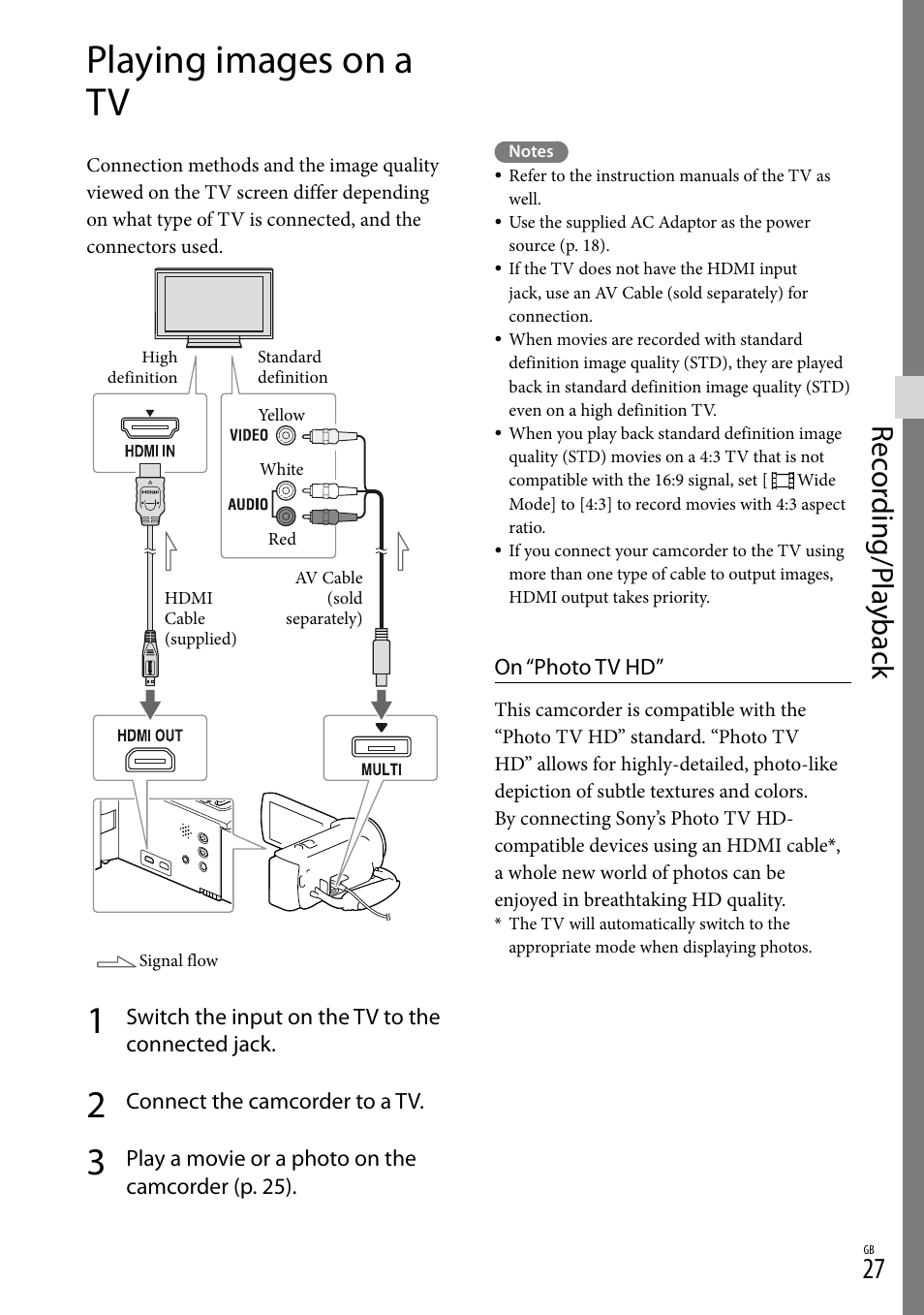 Playing images on a tv, Hdmi out jack (27), Rec or ding/p la yback | Sony HDR-CX380 User Manual | Page 27 / 52
