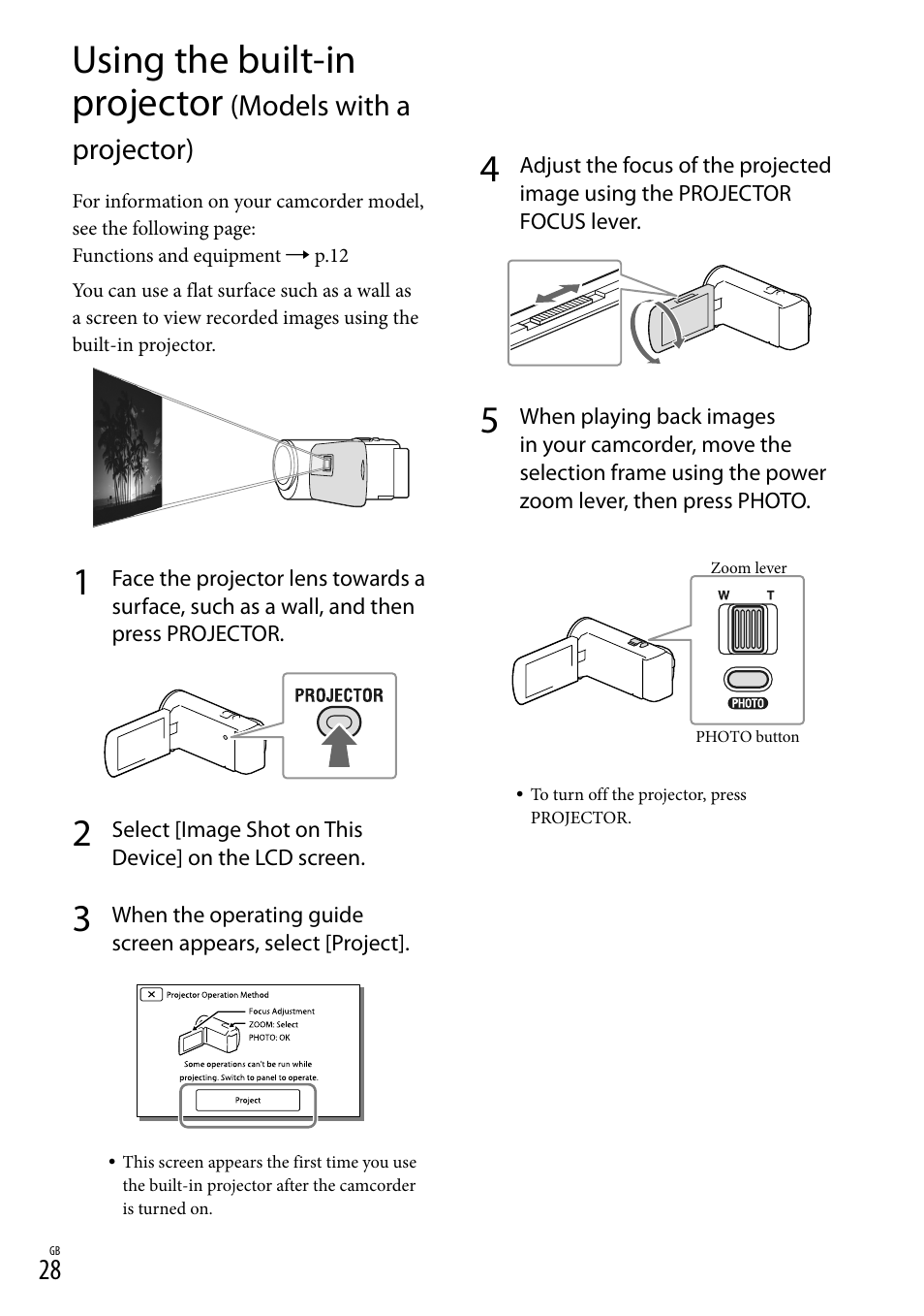Er (28), Or lens (28), On (28) | Using the built-in projector, Models with a projector) | Sony HDR-CX380 User Manual | Page 28 / 52