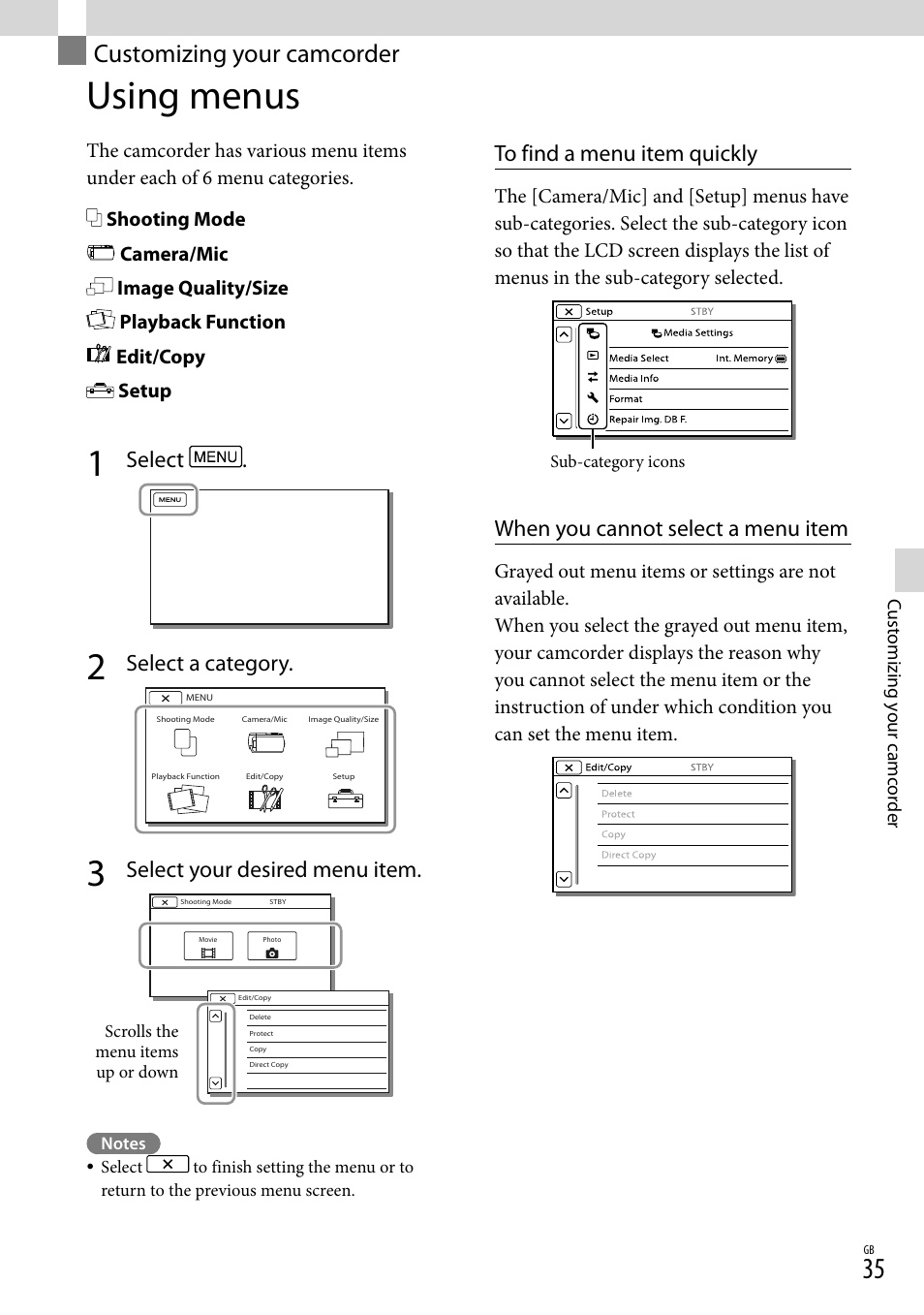 Customizing your camcorder, Using menus, Select | Select a category, Select your desired menu item, When you cannot select a menu item | Sony HDR-CX380 User Manual | Page 35 / 52
