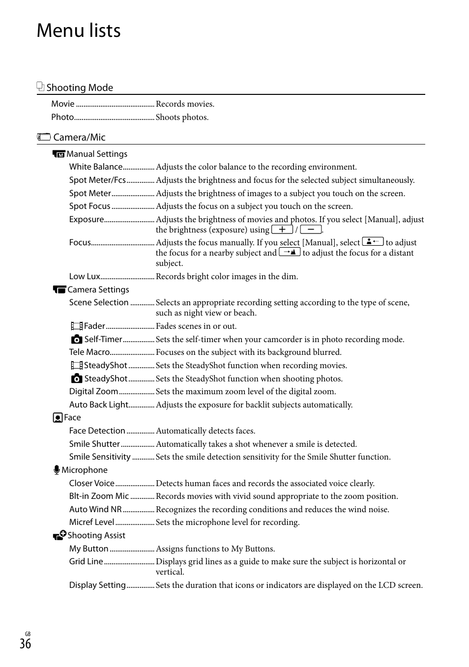 Menu lists | Sony HDR-CX380 User Manual | Page 36 / 52