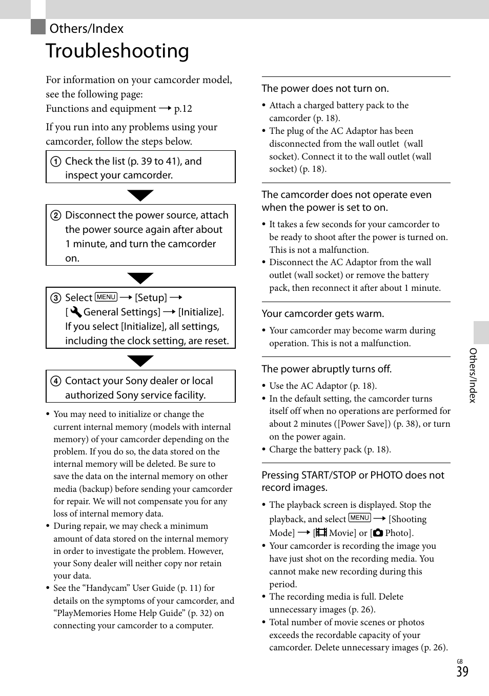 Others/index, Troubleshooting | Sony HDR-CX380 User Manual | Page 39 / 52