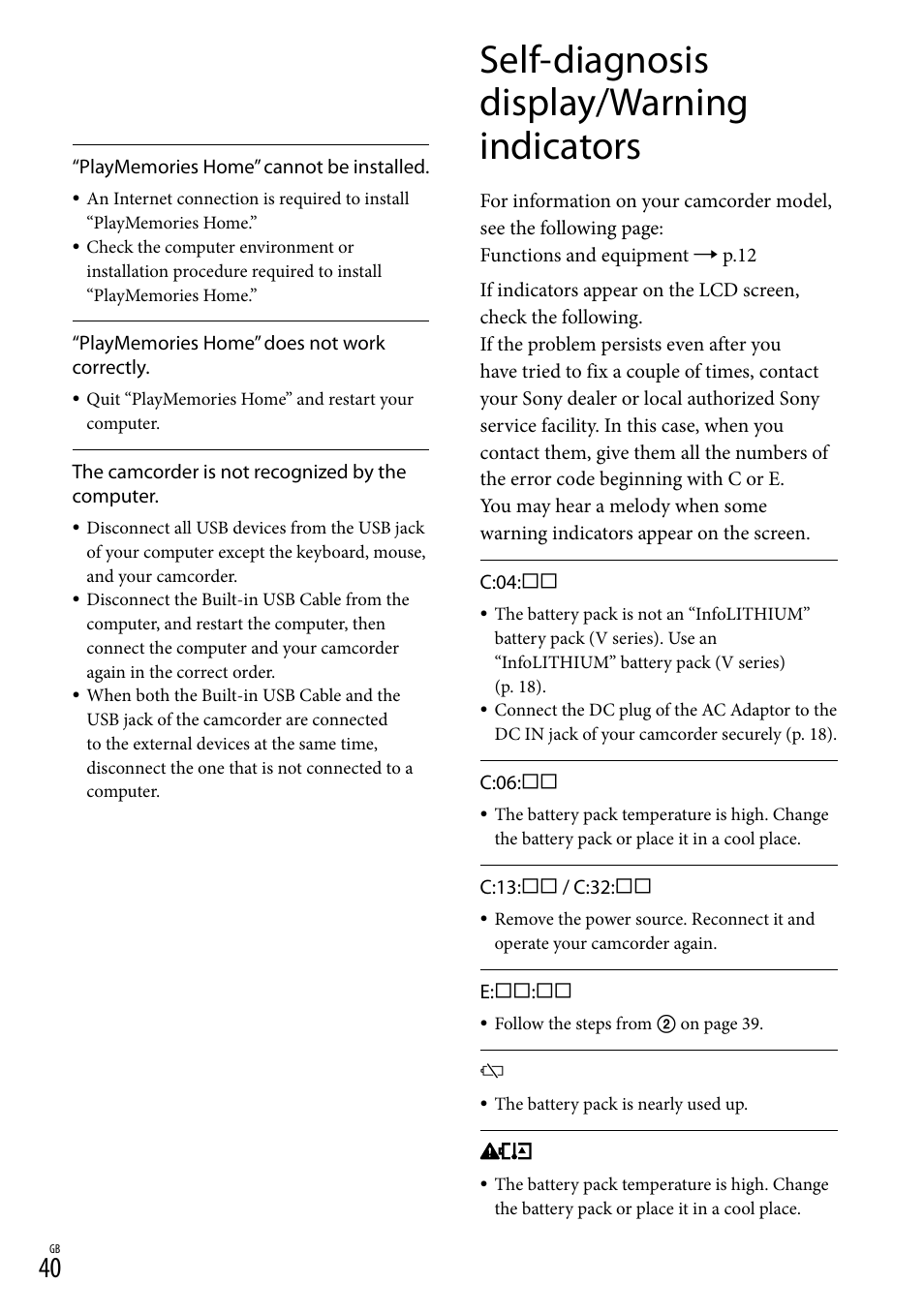 Self-diagnosis display/warning indicators | Sony HDR-CX380 User Manual | Page 40 / 52