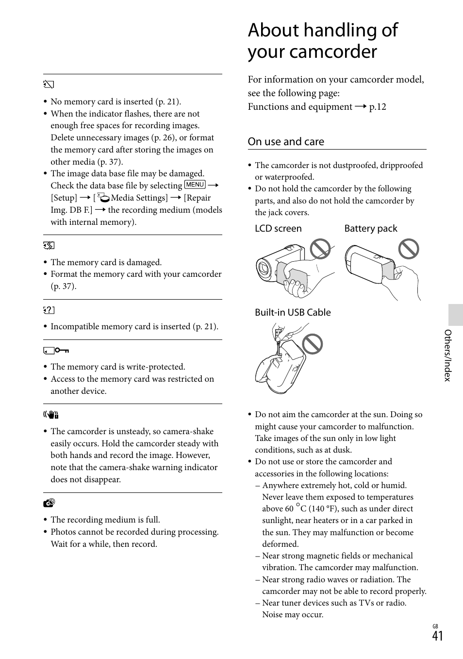 About handling of your camcorder, 41), and, On use and care | Sony HDR-CX380 User Manual | Page 41 / 52