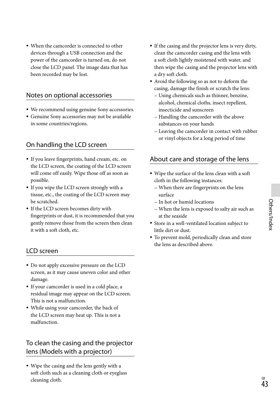 On handling the lcd screen, Lcd screen, About care and storage of the lens | Sony HDR-CX380 User Manual | Page 43 / 52