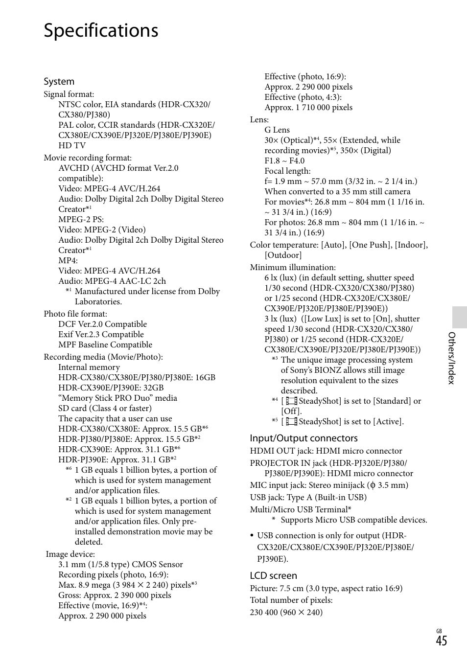 Specifications, System, Input/output connectors | Lcd screen | Sony HDR-CX380 User Manual | Page 45 / 52