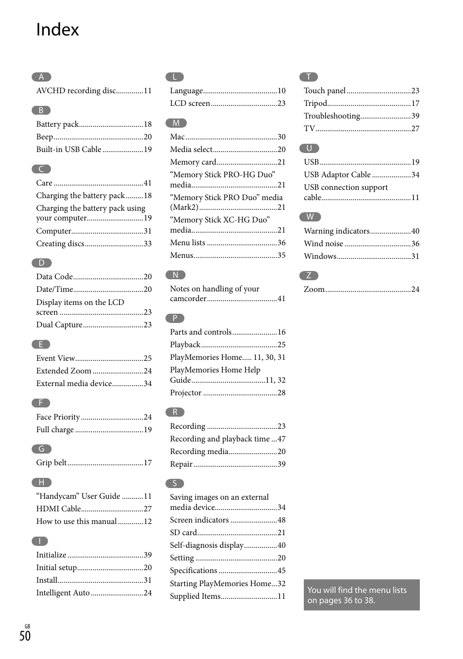 Index | Sony HDR-CX380 User Manual | Page 50 / 52