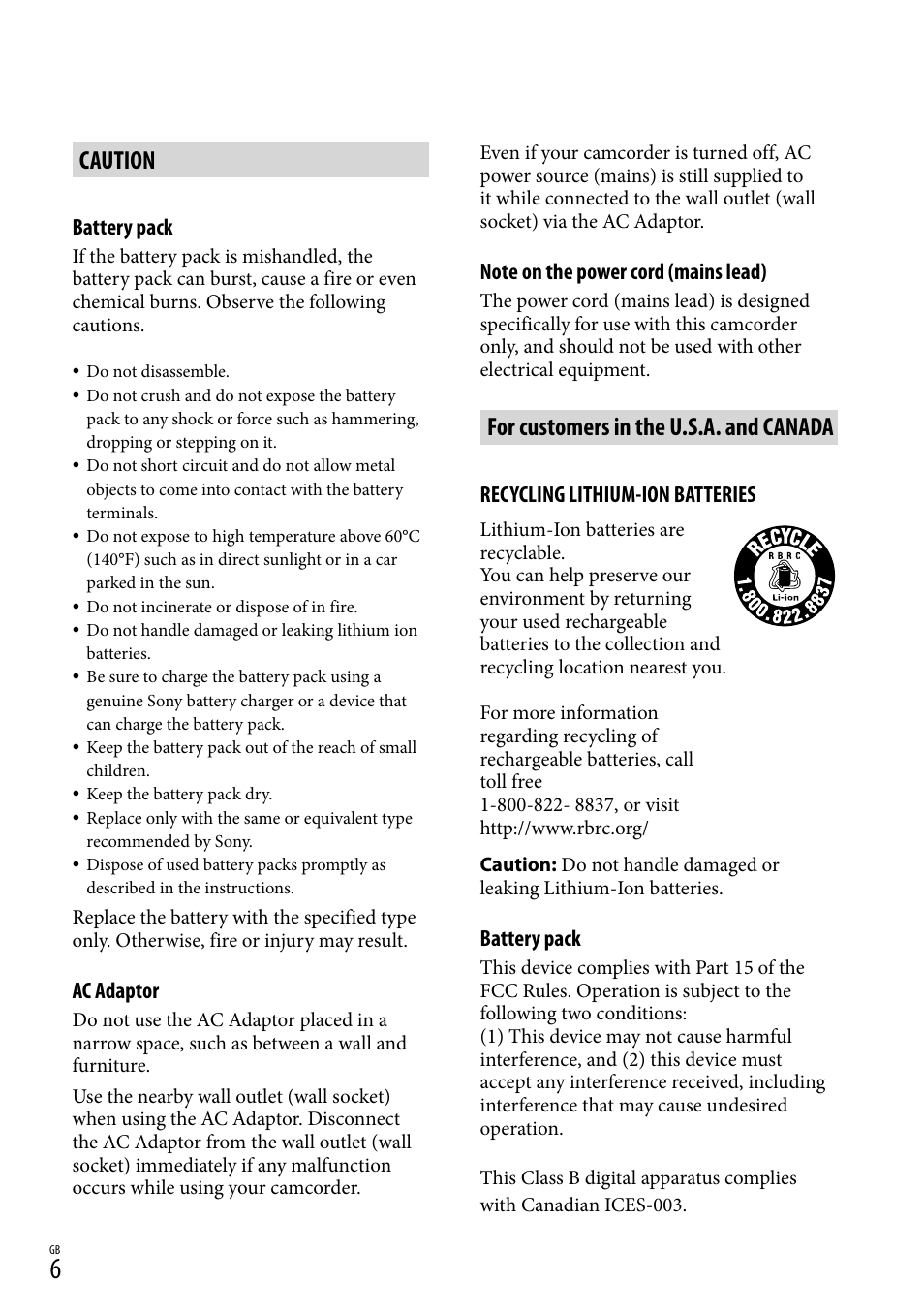 Caution, For customers in the u.s.a. and canada | Sony HDR-CX380 User Manual | Page 6 / 52