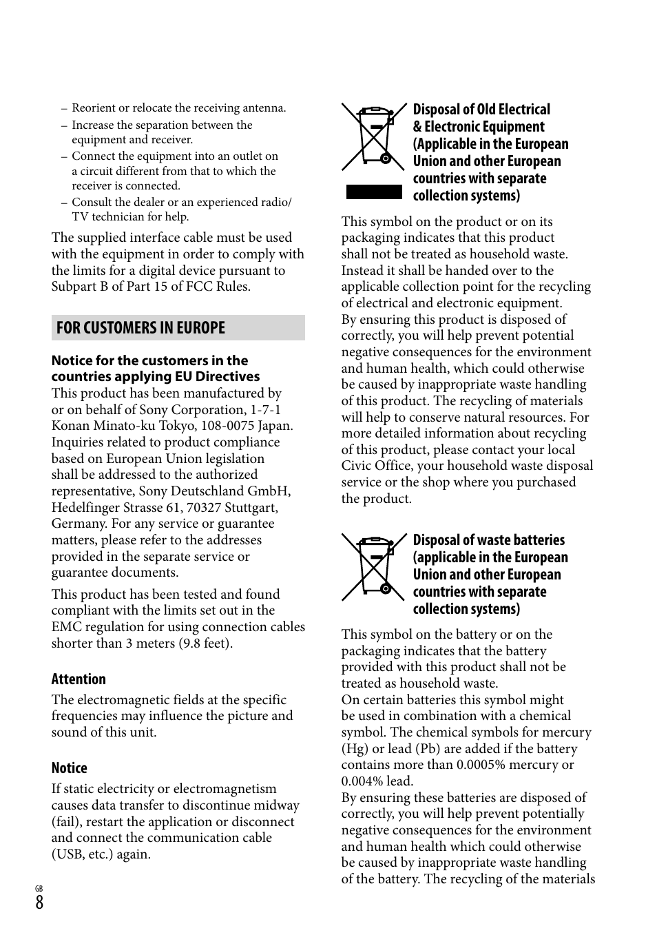 For customers in europe | Sony HDR-CX380 User Manual | Page 8 / 52