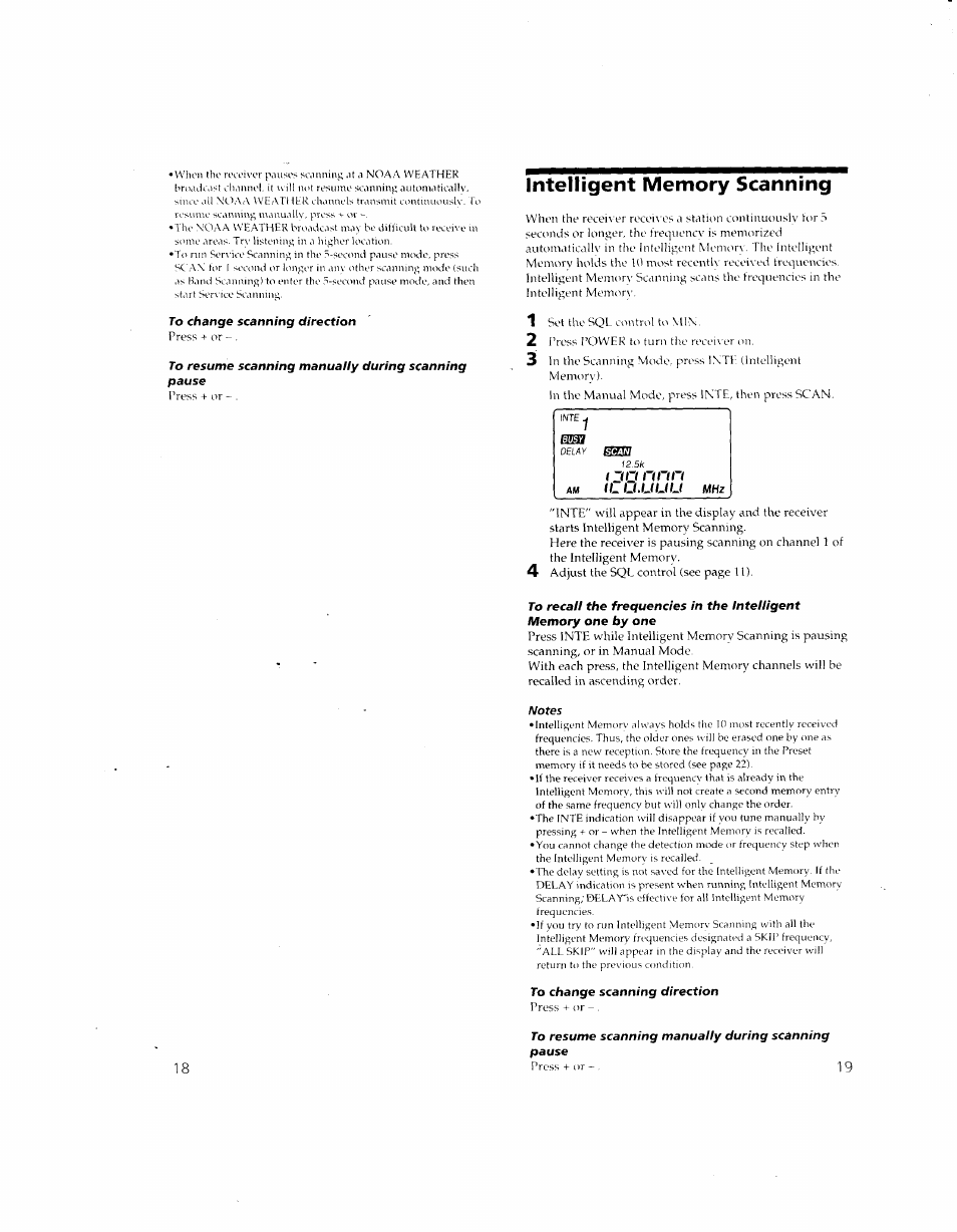 To change scanning direction, To resume scanning manuauy during scanning, Pause | Intelligent memory scanning, To recall the frequencies in the intelligent, Memory one by one, Notes, To resume scanning manually during scanning pause | Sony ICF-SC1 User Manual | Page 10 / 21