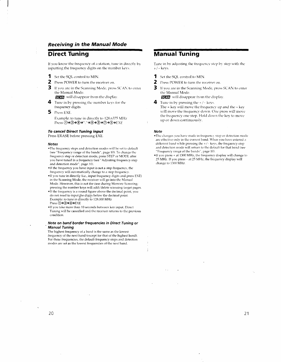 Direct tuning, To cancel direct tuning input, Notes | Manual tuning, Note, Direct tuning manual tuning, Receiving in the manual mode | Sony ICF-SC1 User Manual | Page 11 / 21