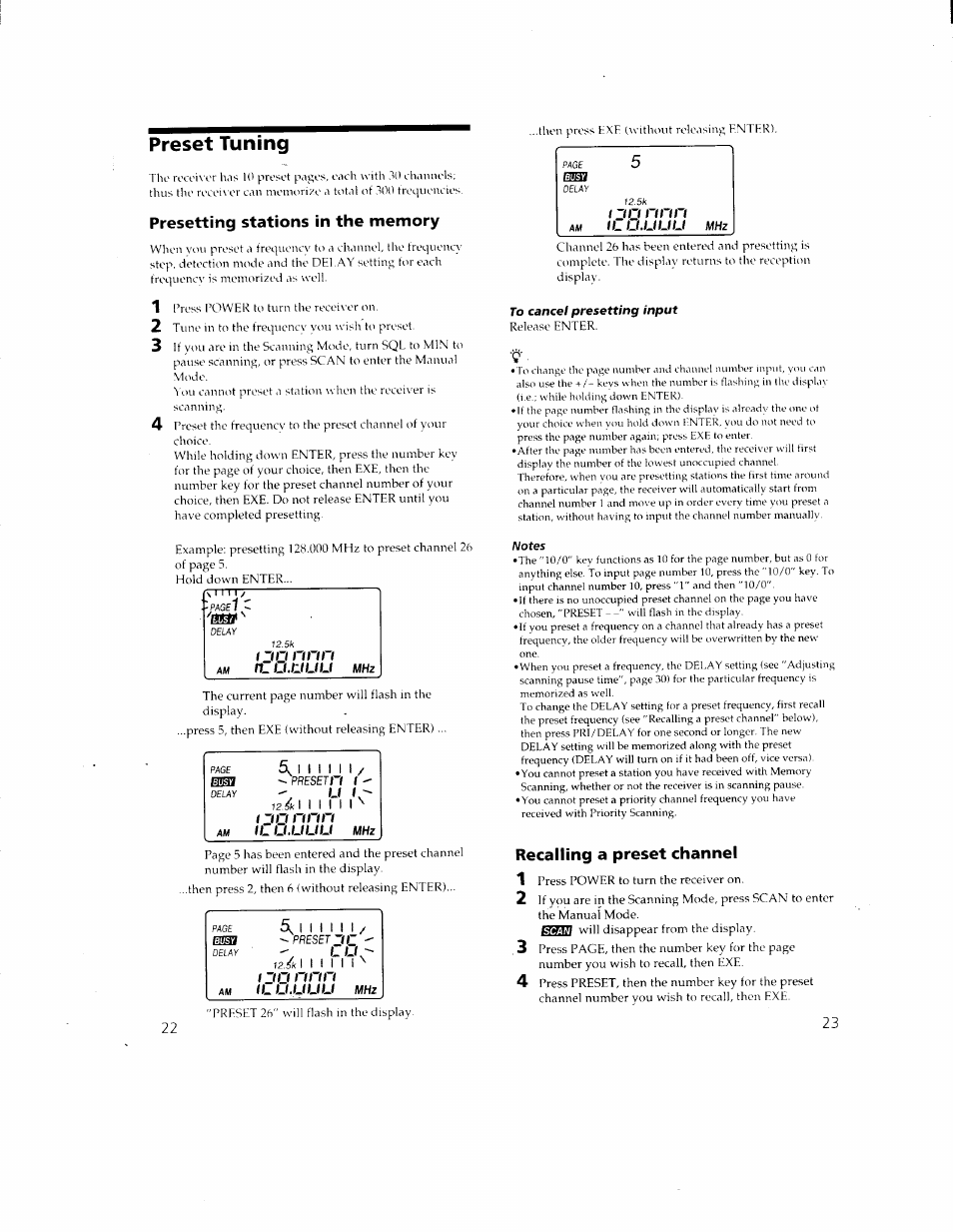 Preset tuning, Presetting stations in the memory, To cancel presetting input | Notes, Recalling a preset channel | Sony ICF-SC1 User Manual | Page 12 / 21