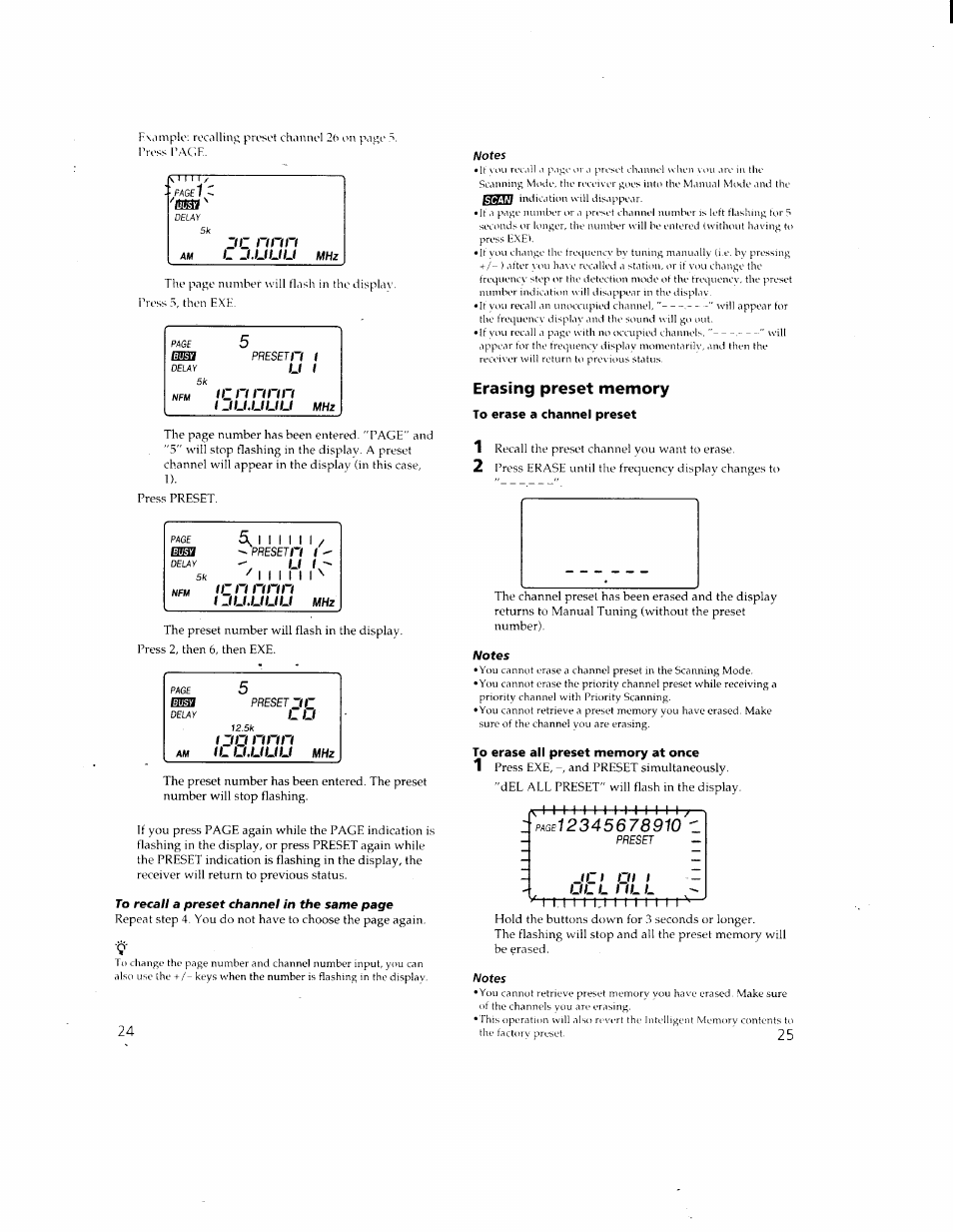 Erasing preset memory, To erase a channel preset, Notes | To erase all preset memory at once | Sony ICF-SC1 User Manual | Page 13 / 21