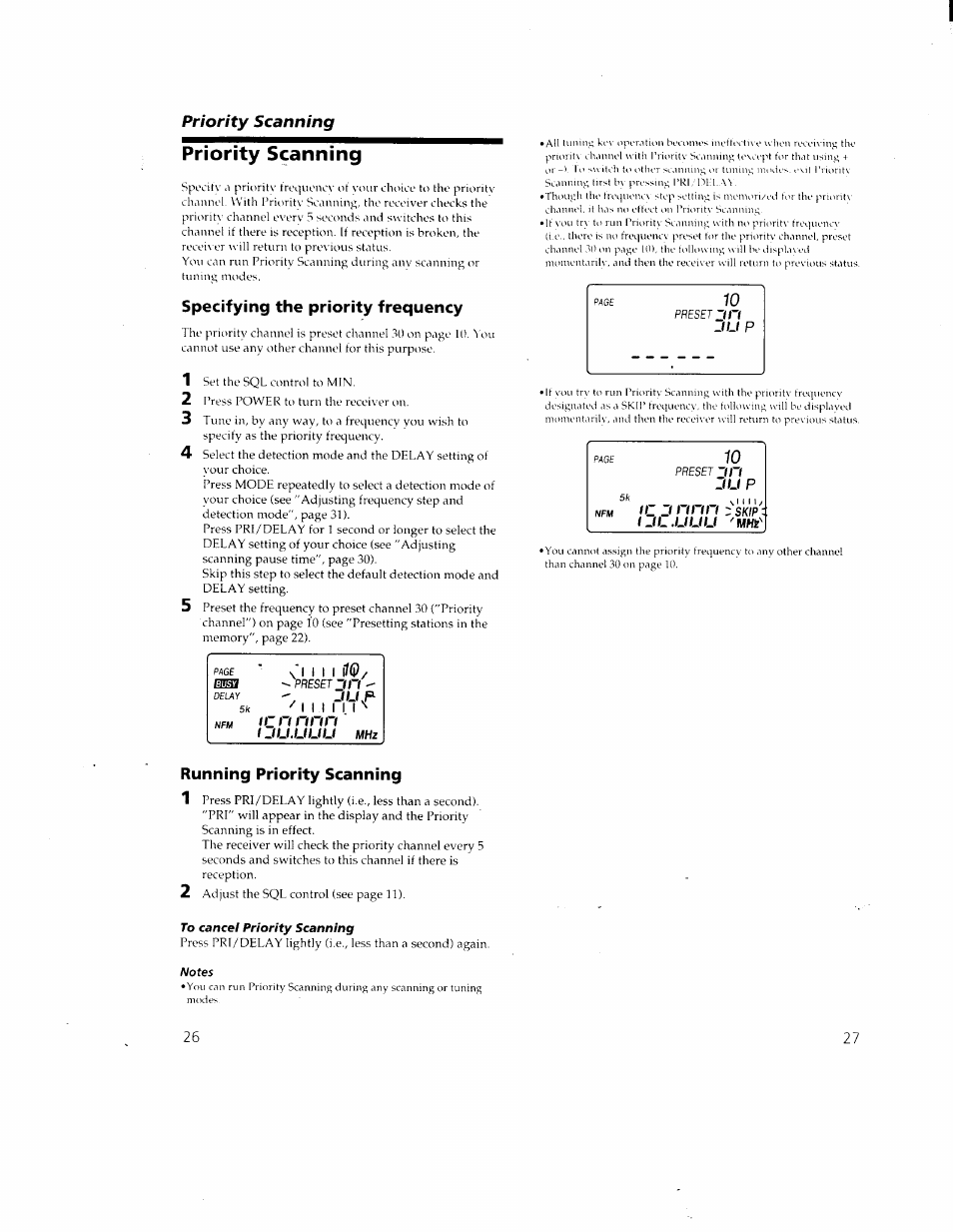 Priority scanning, Specifying the priority frequency, Running priority scanning | To cancel priority scanning, Notes, Running programmable scanning | Sony ICF-SC1 User Manual | Page 14 / 21