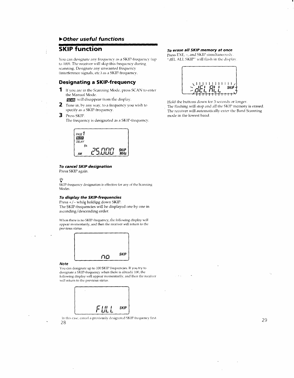 Skip function, Designating a skip-frequency, To erase all skip memory at once | To cancel skip designation, To display the sktp-frequencies, Skip, Other, Useful functions | Sony ICF-SC1 User Manual | Page 15 / 21