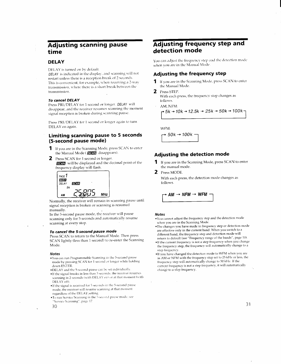 Adjusting scanning pause time, Adjusting frequency step and detection mode, Delay | To cancel delay, To cancel the 5-second pause mode, Notes, Adjusting the frequency step, Adjusting the detection mode, Adjusting the frequency step 1 | Sony ICF-SC1 User Manual | Page 16 / 21