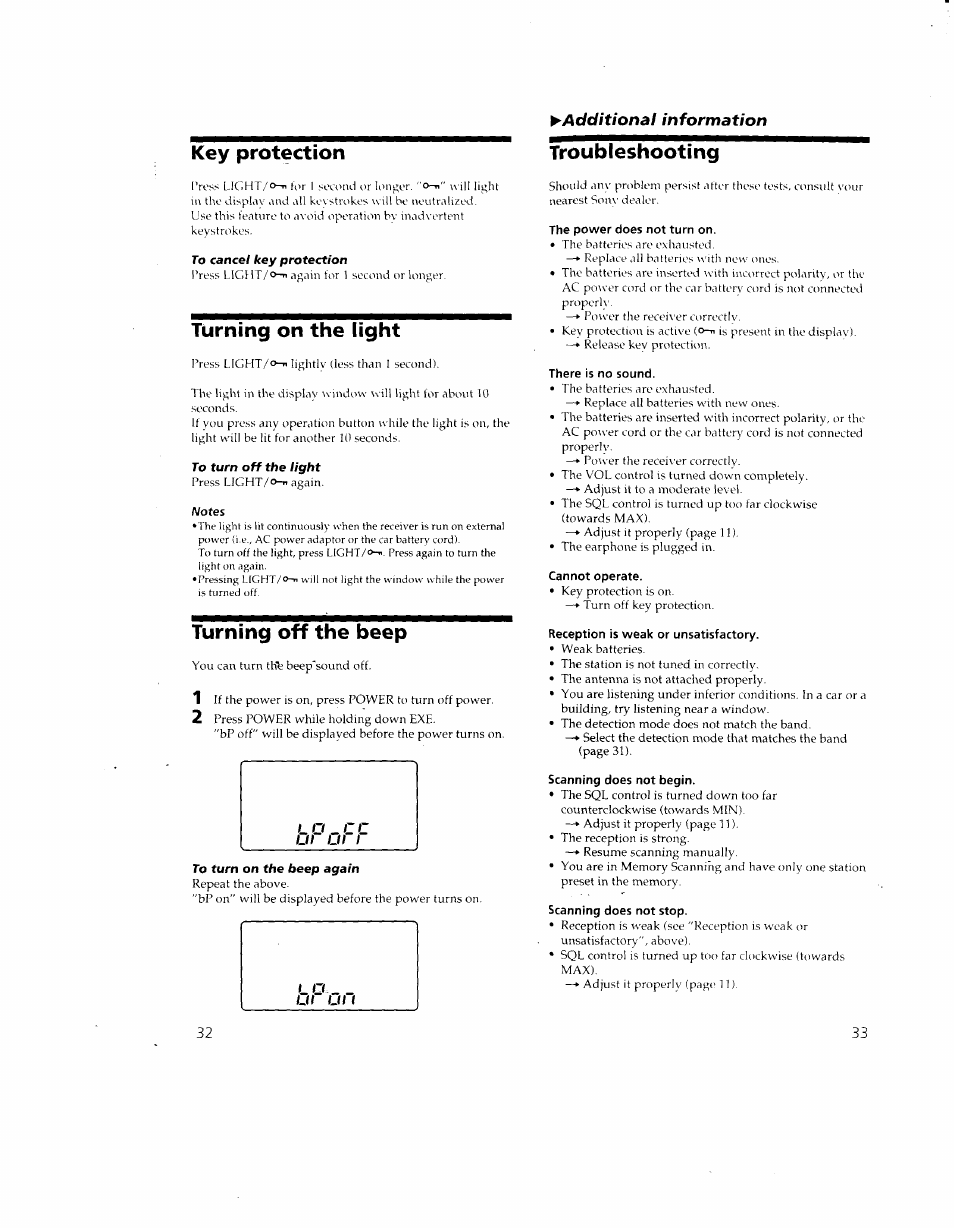 Key protection, Troubleshooting, To cancel key protection | Turning on the light, To turn off the light, Notes, Turning off the beep, To turn on the beep again, Key protection troubleshooting, Additional information | Sony ICF-SC1 User Manual | Page 17 / 21