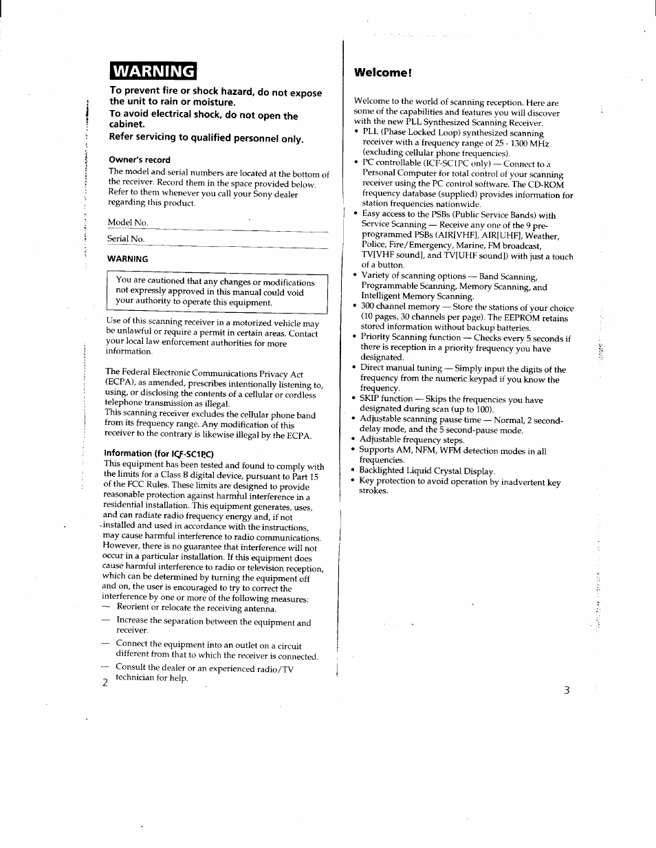 To avoid electrical shock, do not open the cabinet, Warning, Welcome | Sony ICF-SC1 User Manual | Page 2 / 21