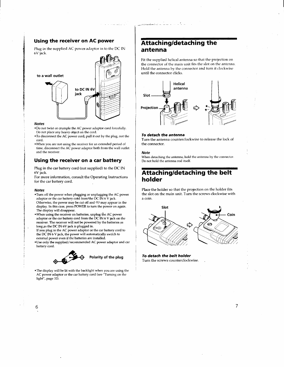 Using the receiver on ac power, Using the receiver on a car battery, Notes | Attaching/detaching the antenna, To detach the antenna, Note, Attaching/detaching the belt holder, To detach the belt holder | Sony ICF-SC1 User Manual | Page 4 / 21