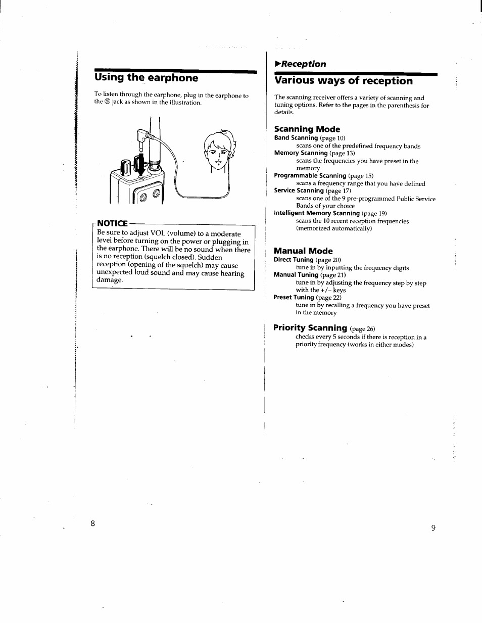 Various ways of reception, Scanning mode, Manual mode | Using the earphone | Sony ICF-SC1 User Manual | Page 5 / 21