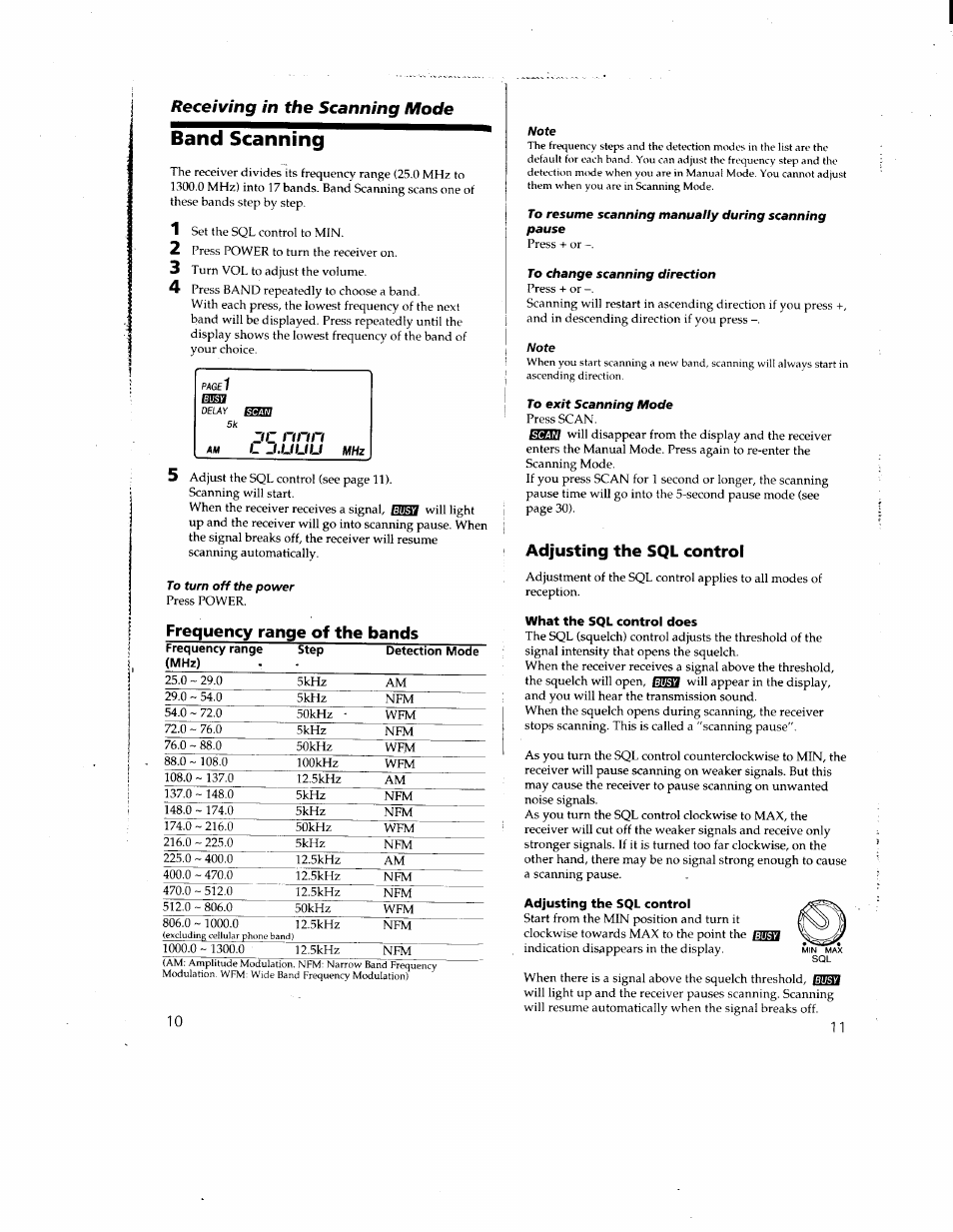 Band scanning, Note, To resume scanning manually during scanning pause | To change scanning direction, To exit scanning mode, Adjusting the sql control, What the sql control does, Receiving in the scanning mode, Frequency range of the bands | Sony ICF-SC1 User Manual | Page 6 / 21