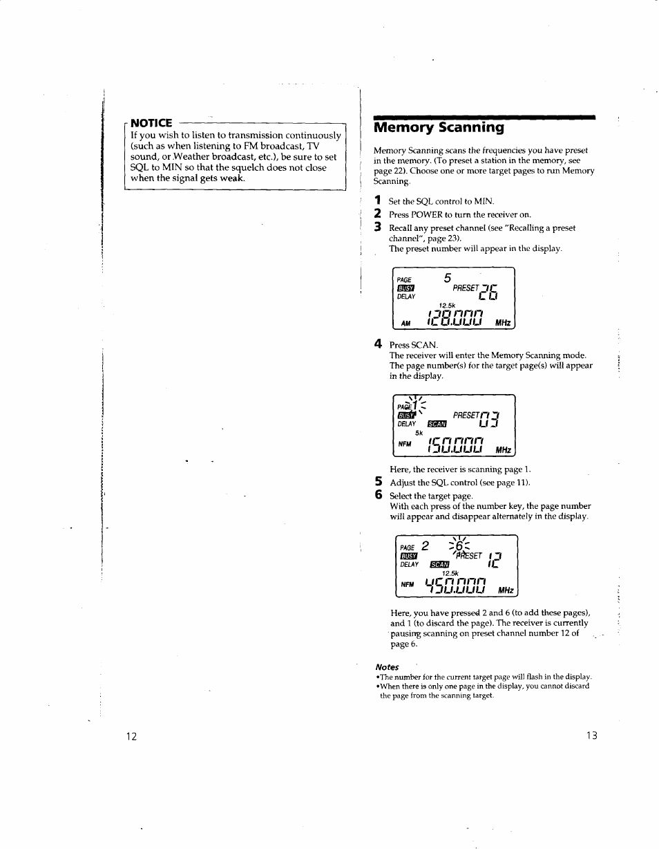 Memory scanning, Preset nj, Notes | Notice | Sony ICF-SC1 User Manual | Page 7 / 21