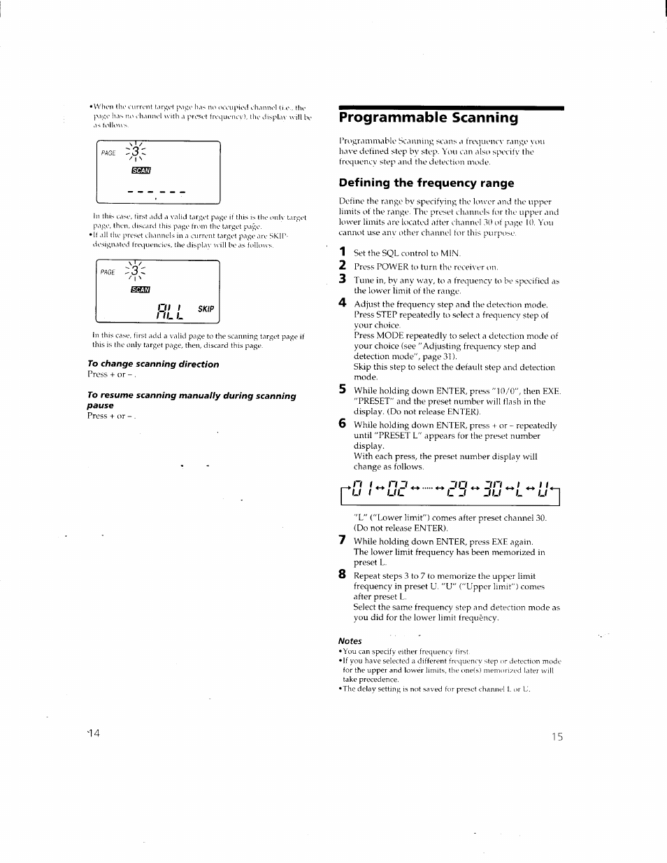 To change scanning direction, To resume scanning manuaily during scanning pause, Programmable scanning | Defining the frequency range, Notes | Sony ICF-SC1 User Manual | Page 8 / 21