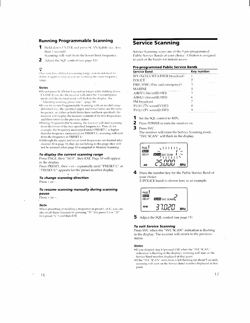 Notes, To display the current scanning range, To change scanning direction | Service scanning, Pre-programmed public service bands, To resume scanning manually during scanning pause, Note, To exit service scanning, Running programmable scanning | Sony ICF-SC1 User Manual | Page 9 / 21