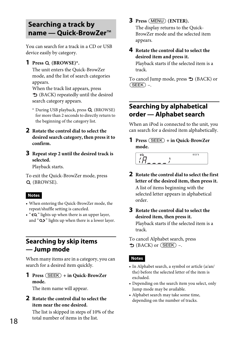 Searching a track by name — quick-browzer, Searching by skip items — jump mode, Searching by alphabetical order — alphabet search | Sony MEX-BT31PW User Manual | Page 18 / 92