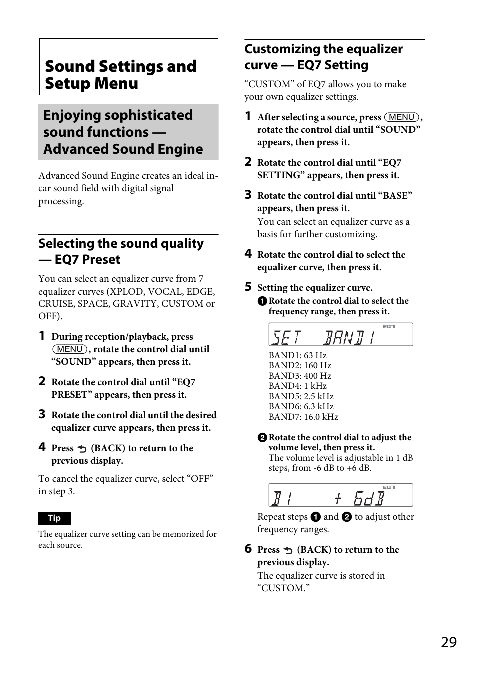 Sound settings and setup menu, Selecting the sound quality — eq7 preset, Customizing the equalizer curve — eq7 setting | Sony MEX-BT31PW User Manual | Page 29 / 92