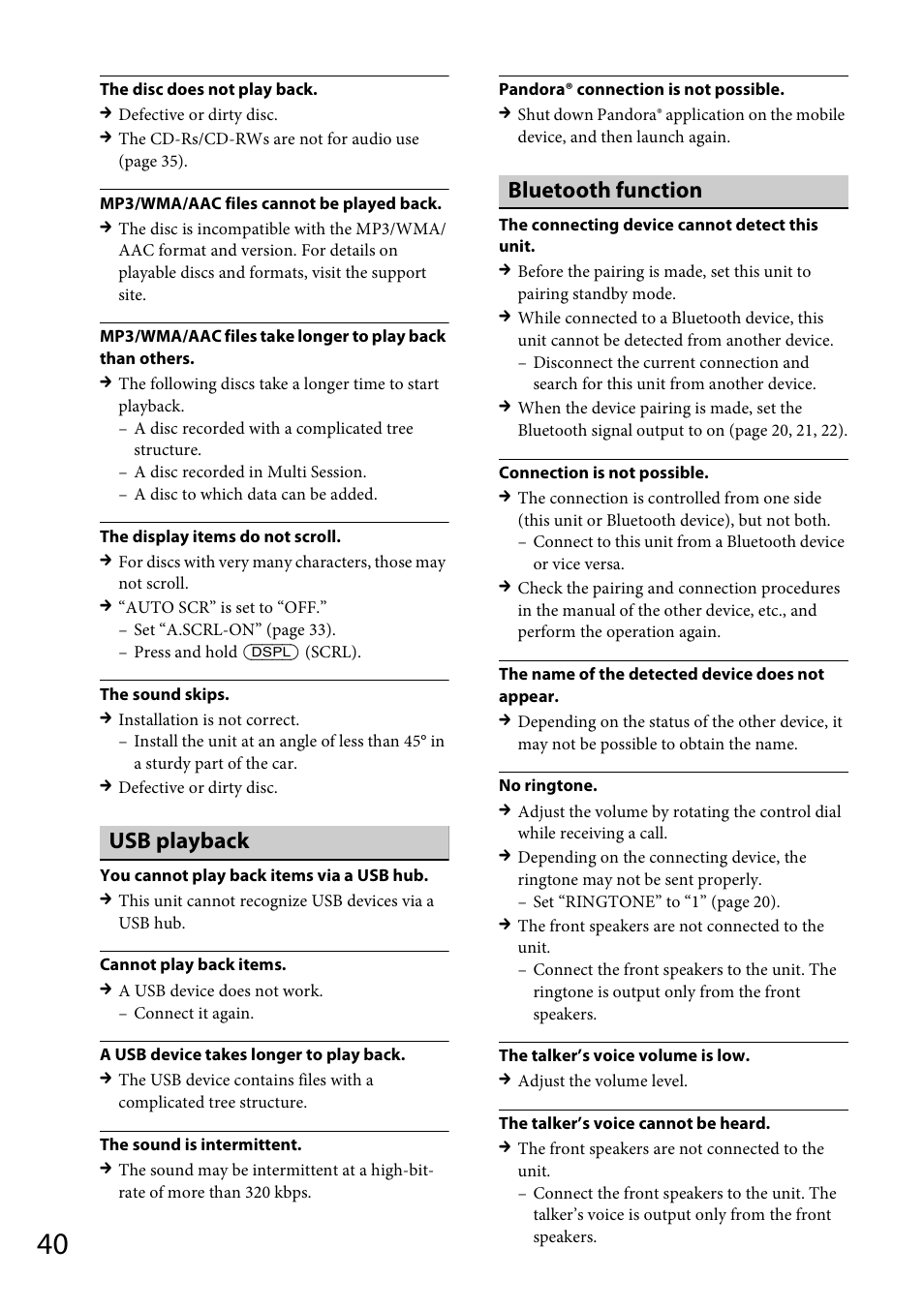 Usb playback, Bluetooth function | Sony MEX-BT31PW User Manual | Page 40 / 92