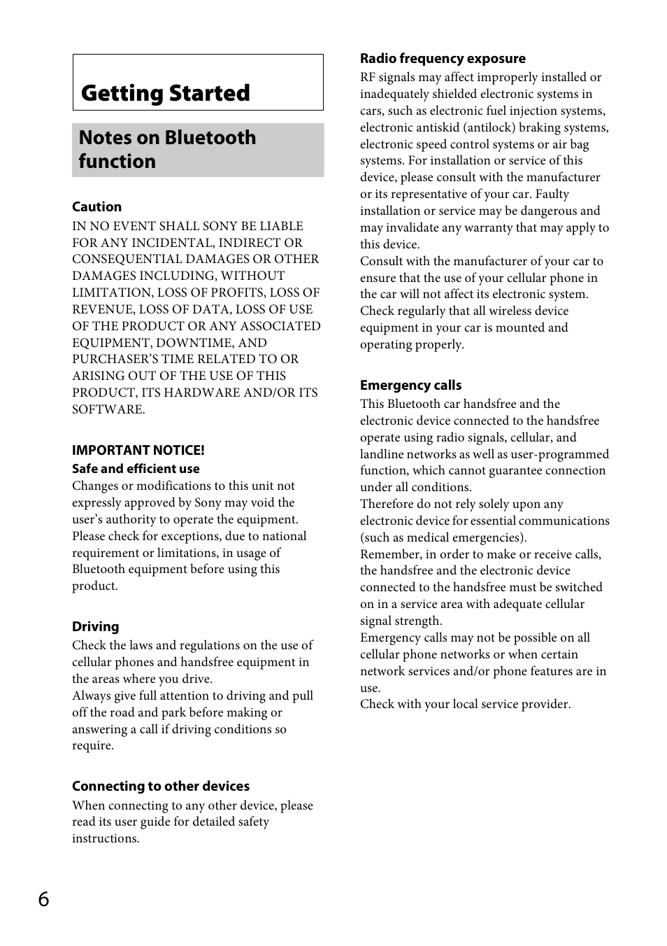 Getting started, Notes on bluetooth function | Sony MEX-BT31PW User Manual | Page 6 / 92