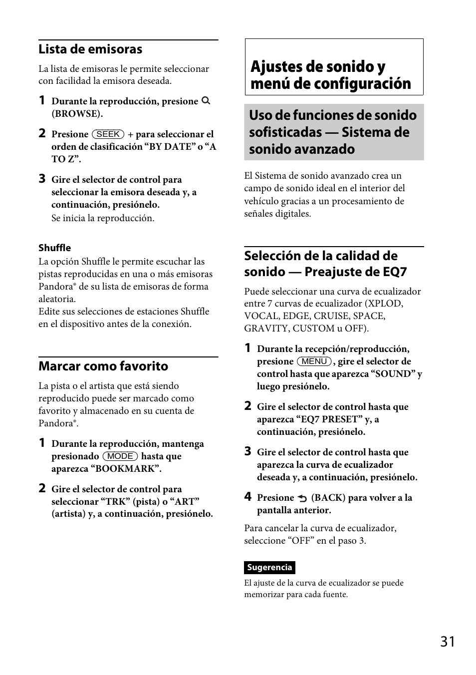 Ajustes de sonido y menú de configuración, Lista de emisoras, Marcar como favorito | Sony MEX-BT31PW User Manual | Page 73 / 92