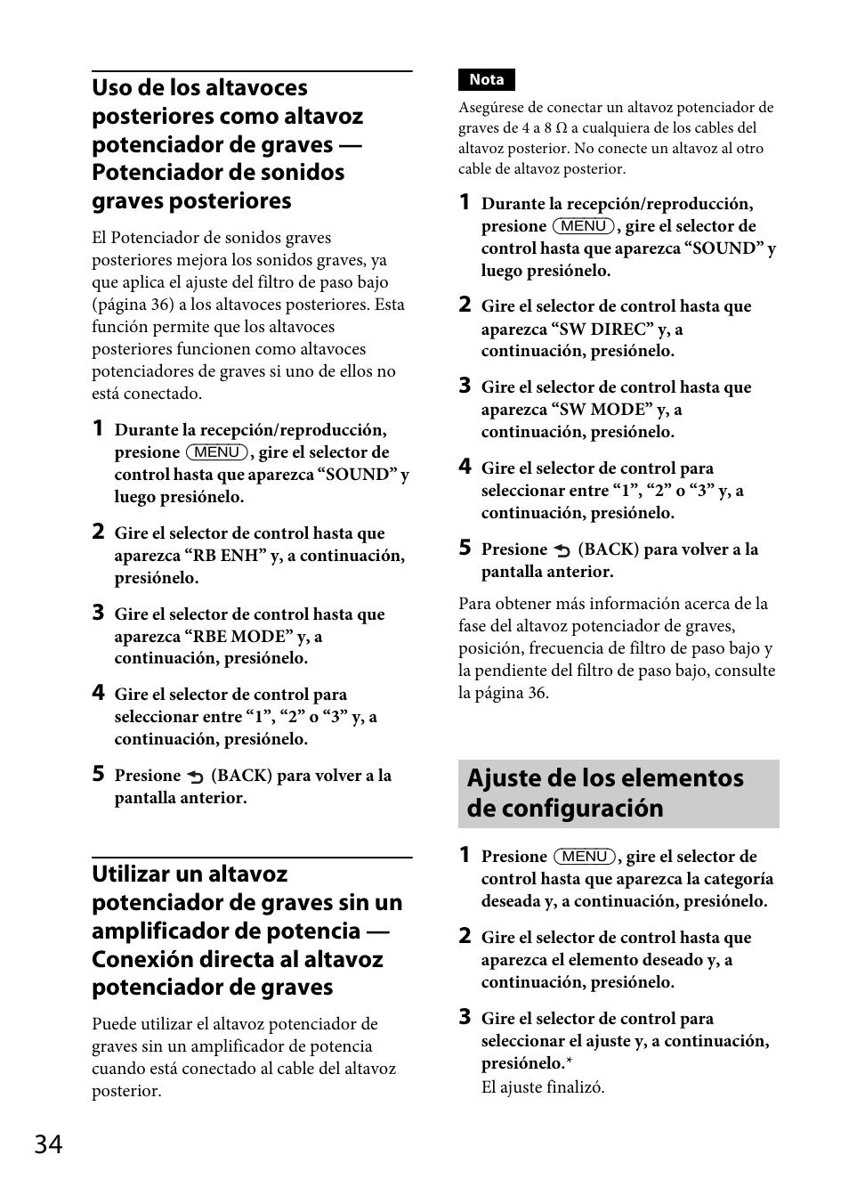 Ajuste de los elementos de configuración | Sony MEX-BT31PW User Manual | Page 76 / 92