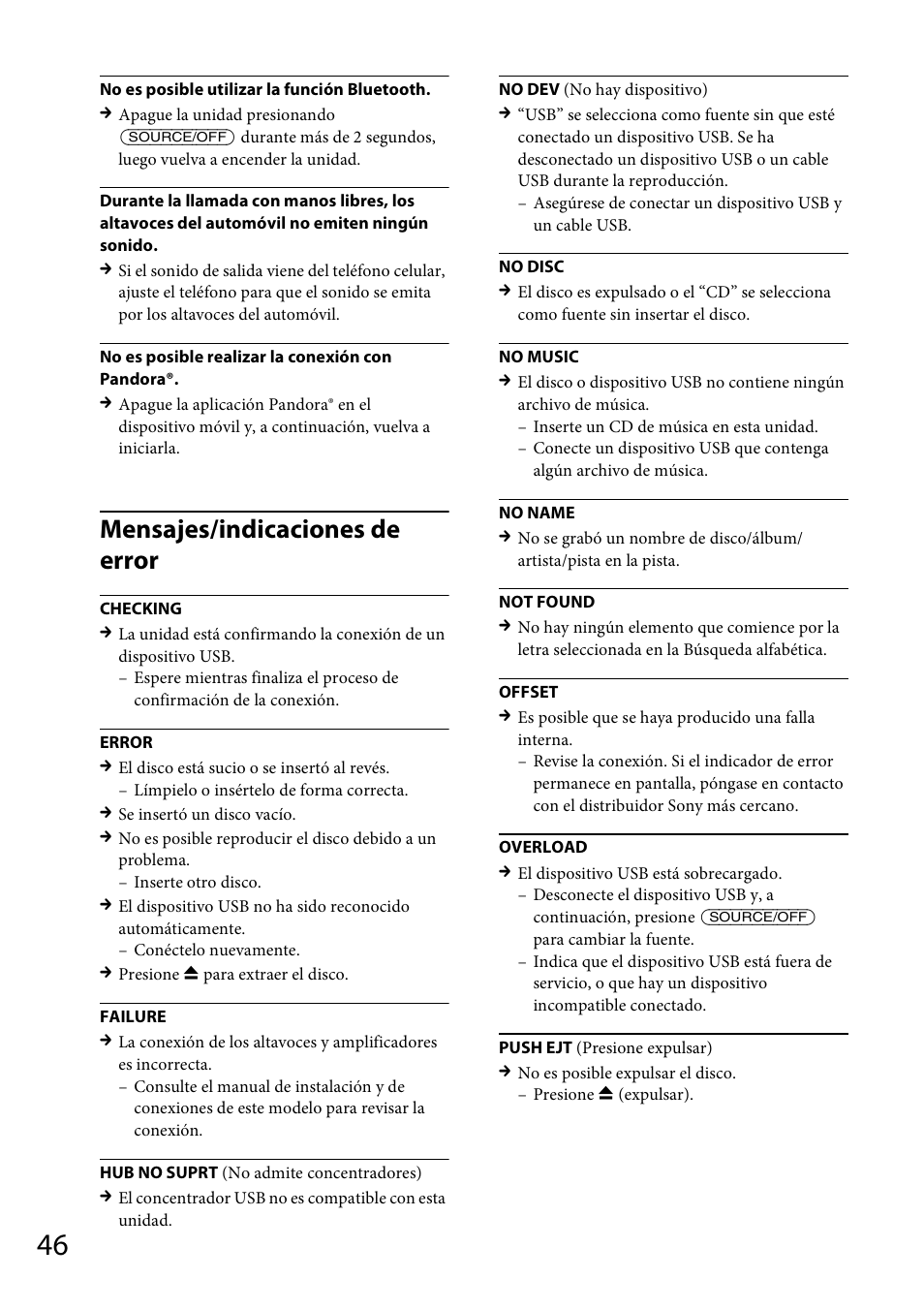 Mensajes/indicaciones de error | Sony MEX-BT31PW User Manual | Page 88 / 92