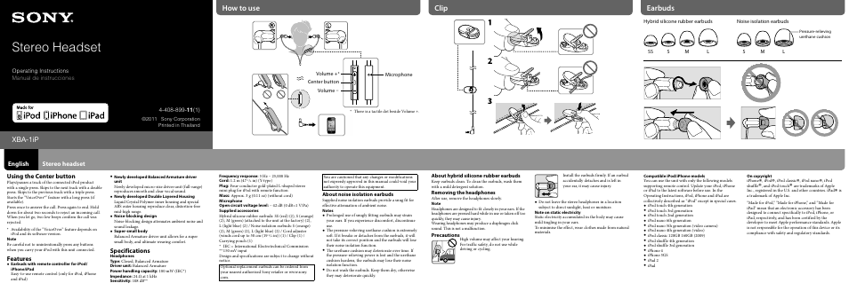 Sony XBA-1iP User Manual | 2 pages