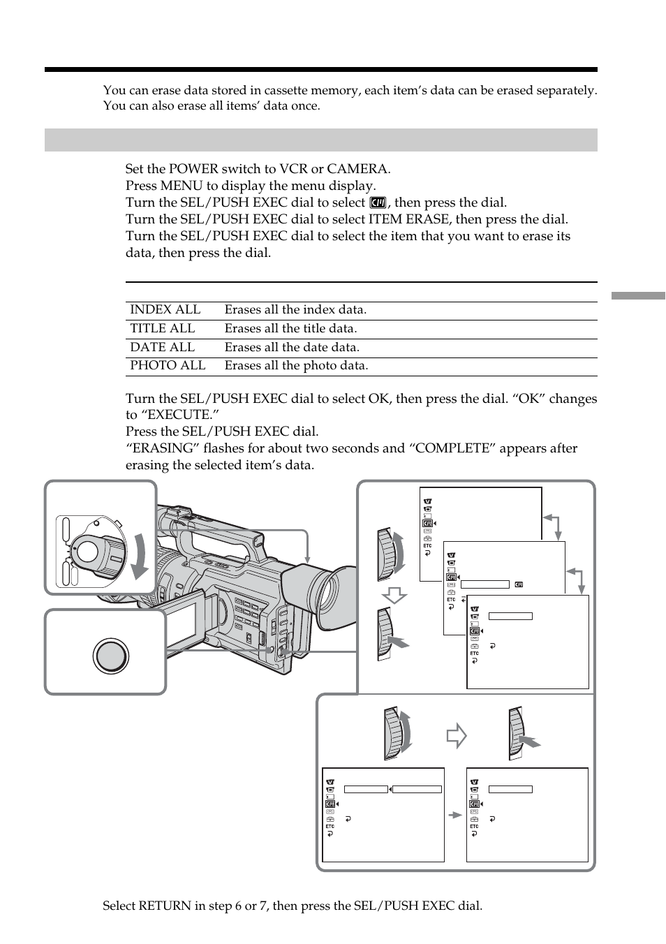Erasing the cassette memory data, Erasing each item’s data separately | Sony DCR-VX2100 User Manual | Page 107 / 176