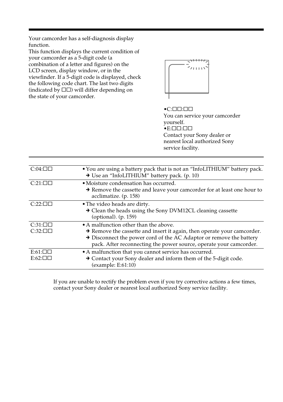 Self-diagnosis display | Sony DCR-VX2100 User Manual | Page 154 / 176