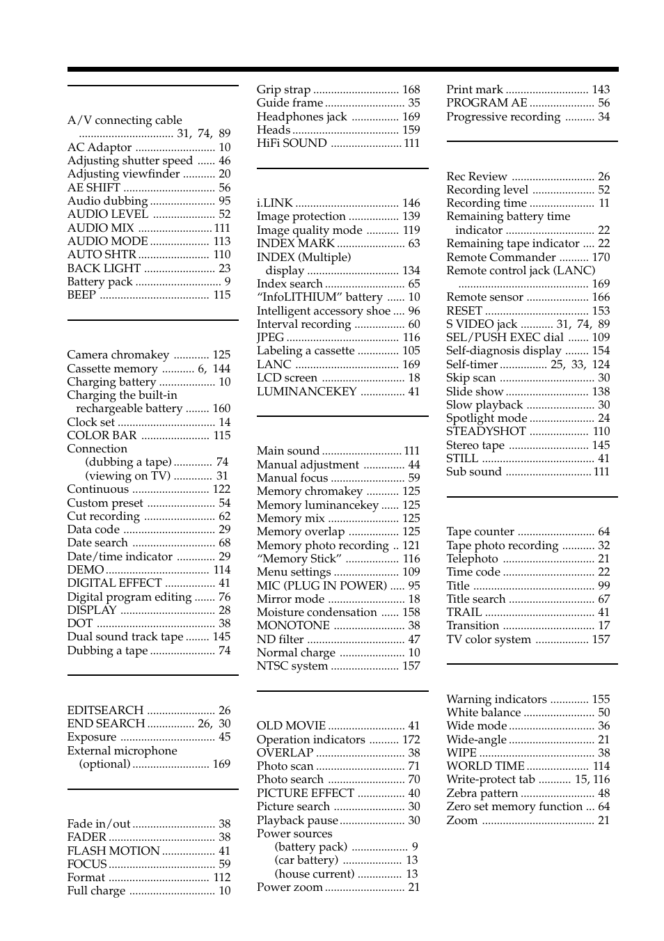 Index | Sony DCR-VX2100 User Manual | Page 174 / 176