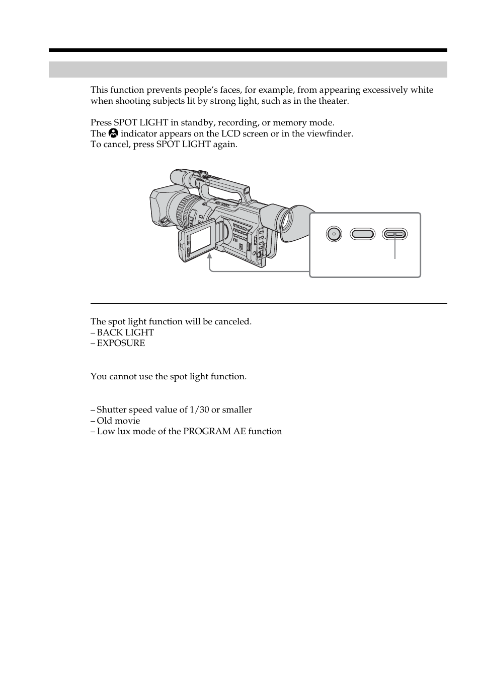 Using the spot light function | Sony DCR-VX2100 User Manual | Page 24 / 176