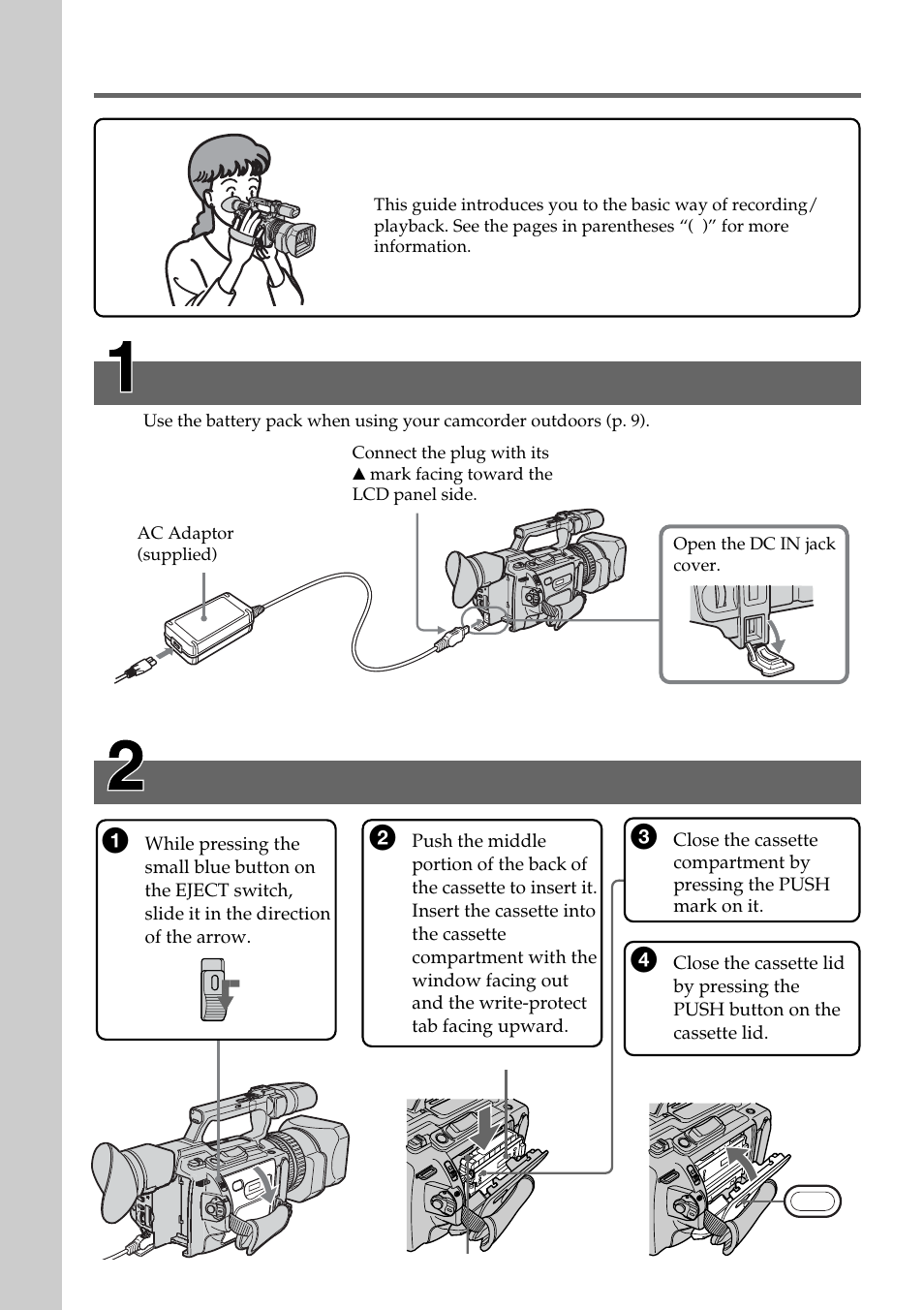 Quick start guide, Connecting the power cord, Inserting a cassette | Sony DCR-VX2100 User Manual | Page 4 / 176