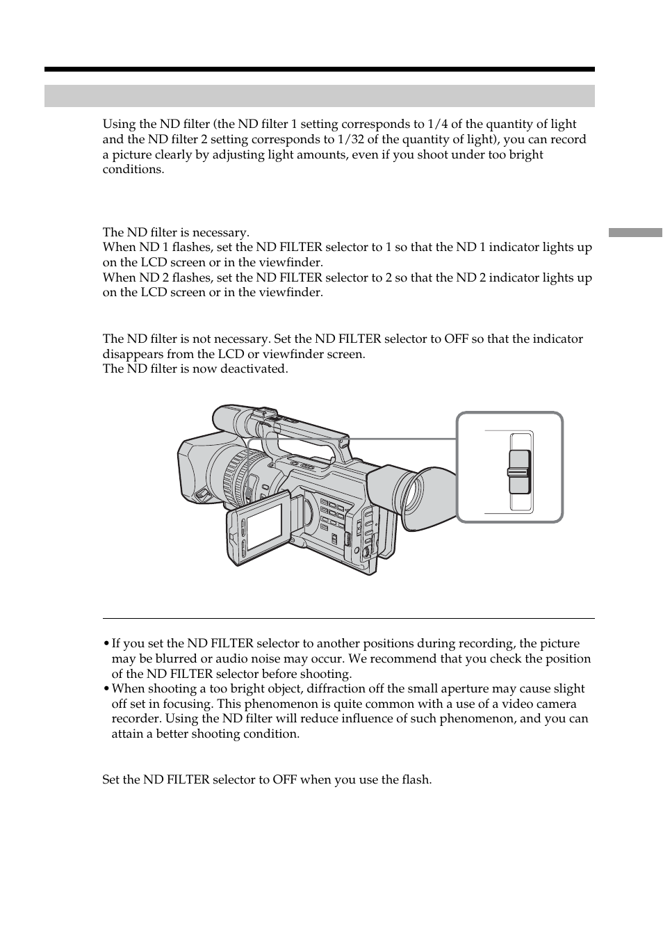 Using the nd filter, Shooting with manual adjustment | Sony DCR-VX2100 User Manual | Page 47 / 176