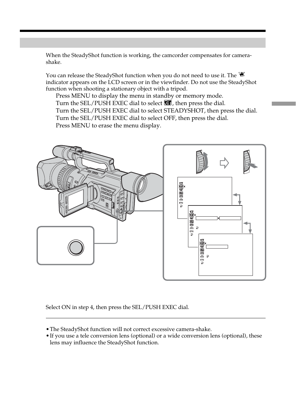 Releasing the steadyshot function, Shooting with manual adjustment | Sony DCR-VX2100 User Manual | Page 49 / 176